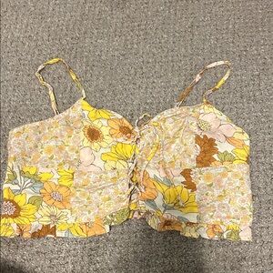 Floral Lace-Up Crop Tank Top in Yellow and Cream